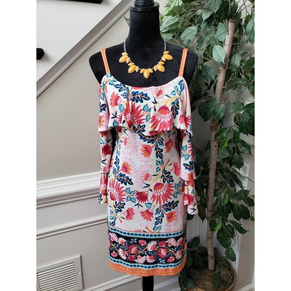 Nicole Miller Shift Dress Womens 8 White Floral Adjustable Strap Cold Shoulder - Picture 2 of 15